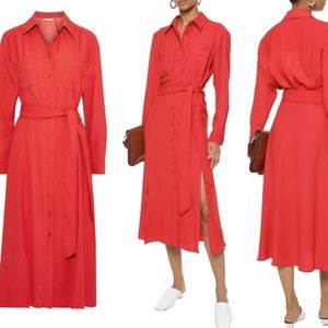 Veronica Beard Cary Red Dress Button Front Double Slit Tied Waist Midi Dress 2